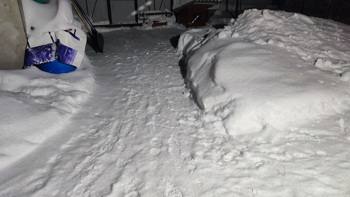 Днем чистила, к вечеру опять нападало. За оградой света нет, поэтому фото снега, который оставил грейдер, я не сделала