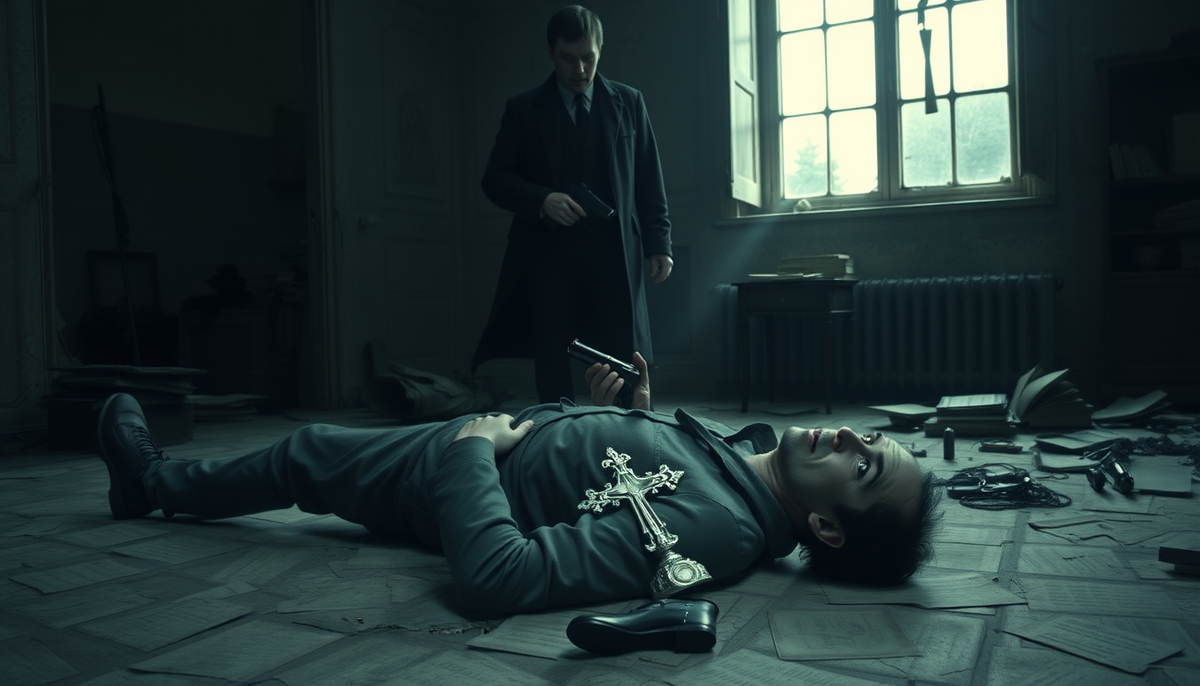 Темная, напряженная сцена в заброшенном особняке. На переднем плане — оперативник Сергей Климов, стоящий над обезоруженным мужчиной, лежащим на полу. У Климова в руке пистолет, который он успел вырвать у нападавшего. Лицо Карпова (нападавшего) выражает смесь страха и обреченности, но в его взгляде заметны следы твердости и тайны. На заднем плане слабый свет падает из грязного окна, подсвечивая обветшалую комнату с разбросанными старинными документами и потускневшими книгами. 

В центре внимания также виден серебряный крест, лежащий на небольшом столе. Его символическое значение подчеркивается тем, что на него падает тонкий луч света. Атмосфера — мрачная и загадочная, с оттенками серого, тусклого коричневого и слабого желтого света, создающего драматический контраст между героями и окружающим хаосом.