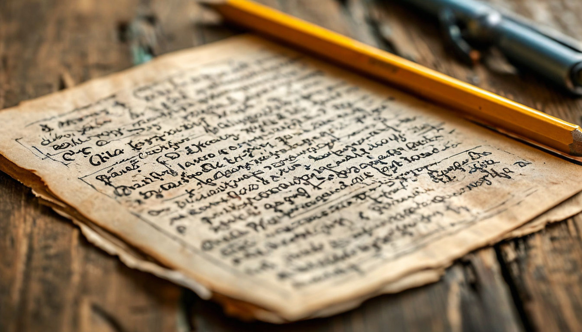 Лист бумаги с написанным хаотичным текстом, рядом стёрка и карандаш.