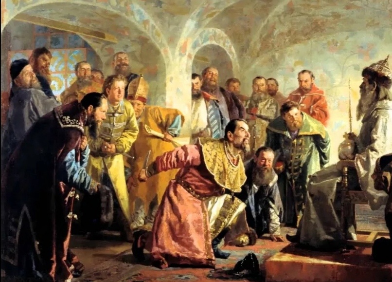 Картина Н.В.Неврева «Опричнина». Показано убийство И. П. Фëдорового (1568) , которого Иван Грозный обвинил в желании захватить власть. 