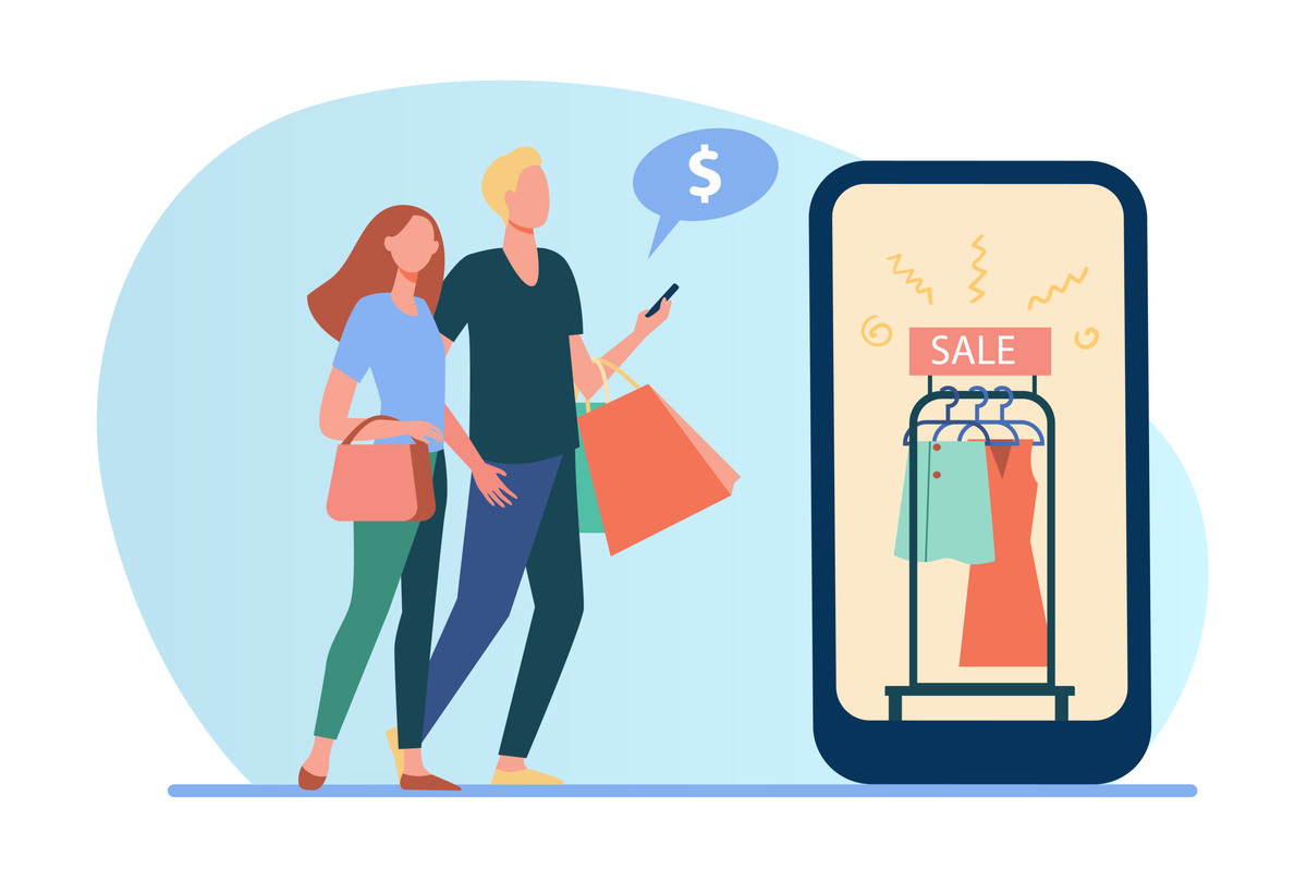    Couple shopping online. Sale in fashion store, ad on cellphone screen flat vector illustration. Black Friday, discount season ,e-commerce concept for banner, website design or landing web page Мистер Труман
