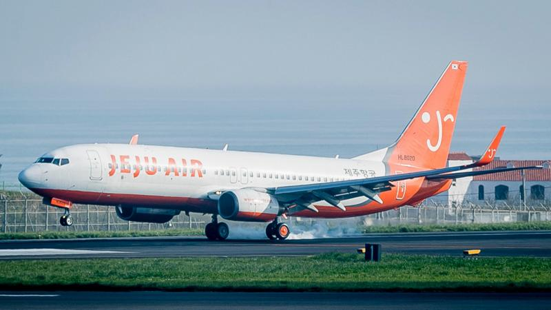 Jeju Air B737-86N во время посадки. Обратите внимание на закрылки — отклоненные вниз белые плоскости на задней кромке крыла. Фото: Getty Images