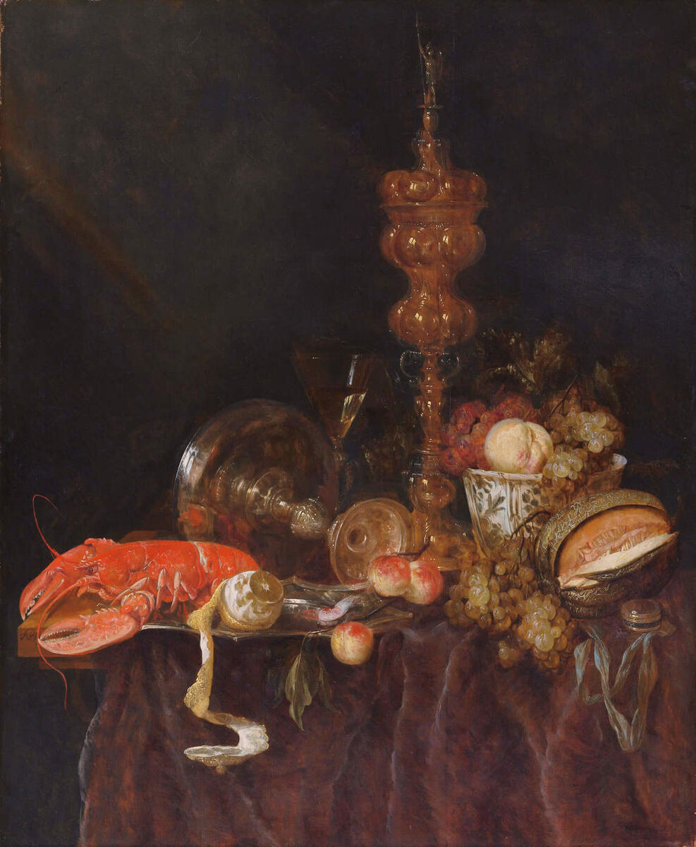 Абрахам ван Бейерен, Натюрморт с лобстером и фруктами, начало 1650-х годов, дерево, масло, 96,5 х 78,7 см, Музей искусств Метрополитен, Нью-Йорк.