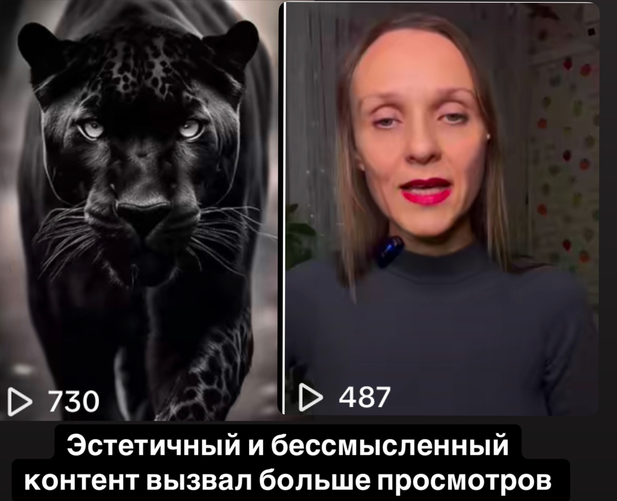 Слева больше просмотров и лайков, хотя там просто красивая кратинка без смысла