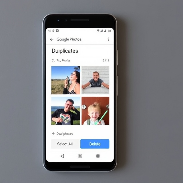 На иллюстрации показан экран смартфона с интерфейсом приложения Google Photos. Отображён раздел «Duplicates», где видны примеры дублирующихся фотографий. Кнопки «Select All» и «Delete» выделены для удобства, чтобы подчеркнуть основные действия. Дизайн интерфейса чистый, современный и интуитивно понятный, что позволяет пользователю легко удалить дубликаты и освободить место на устройстве.