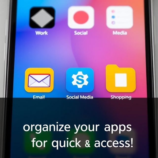 На иллюстрации представлен главный экран смартфона с аккуратно организованными папками приложений. Видны папки с названиями «Work», «Social Media» и «Shopping», каждая из которых содержит соответствующие значки: приложения для работы, социальных сетей и интернет-магазинов. Экран выглядит чистым, симметричным и современным, с яркими и чёткими иконками. В верхней части добавлена подсказка «Organize your apps for quick access!», чтобы мотивировать пользователей к оптимизации своего пространства на устройстве.
