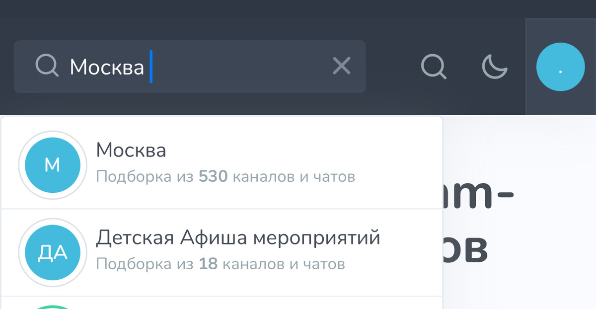 Пример ввода поискового запроса на сайте в поиске телеграм каналов и чатов 
