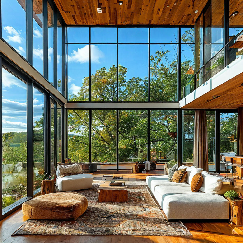 Комната с большими панормаными окнами с теплым полом