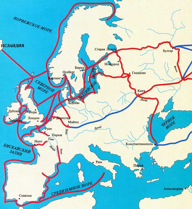 Карта, показывающая основные пути миграции викингов из Скандинавии в Европу, а также маршруты, которыми они добирались до Византии
