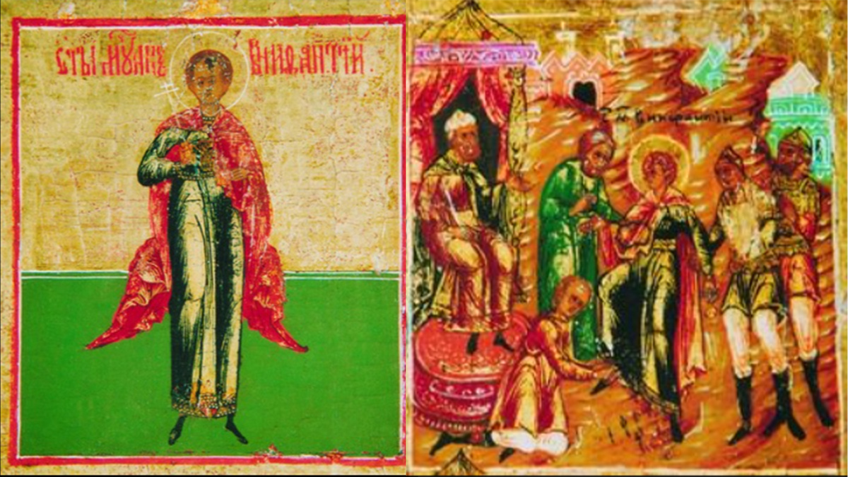 1) Икона из Овражной молельни села Коломенского (XIX век, ГМЗК) 2) Мученичество святого Вонифатия. Вонифатию вонзают под ногти «тростие». Клеймо житийной иконы. XIX век.