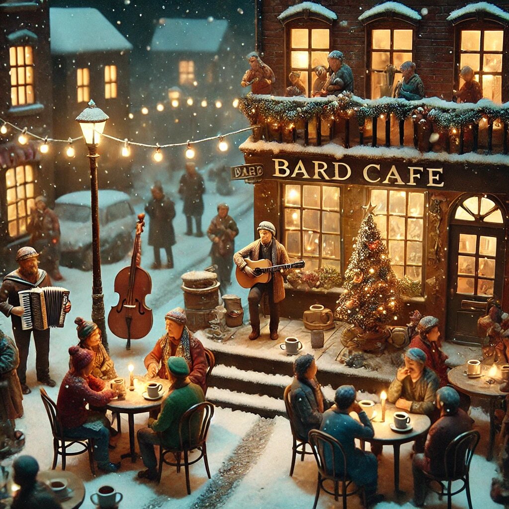 Уют бардовского кафе в новогоднюю ночь: музыка, тепло огней и атмосфера дружбы — место, где каждый найдет свой момент радости