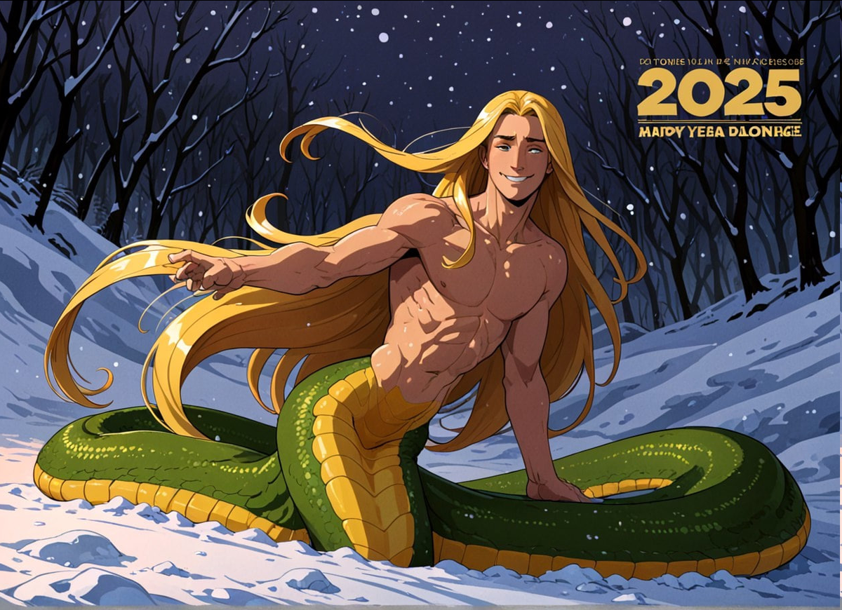 В теории, это год Зеленой Деревянной Змеи, но мне показалось, что это уж чересчур, так что вот вам красивый зелено-золотистый ламия) Не поверите, сколько усилий ушло, чтобы убедить нейросеть нарисовать "2025"...
