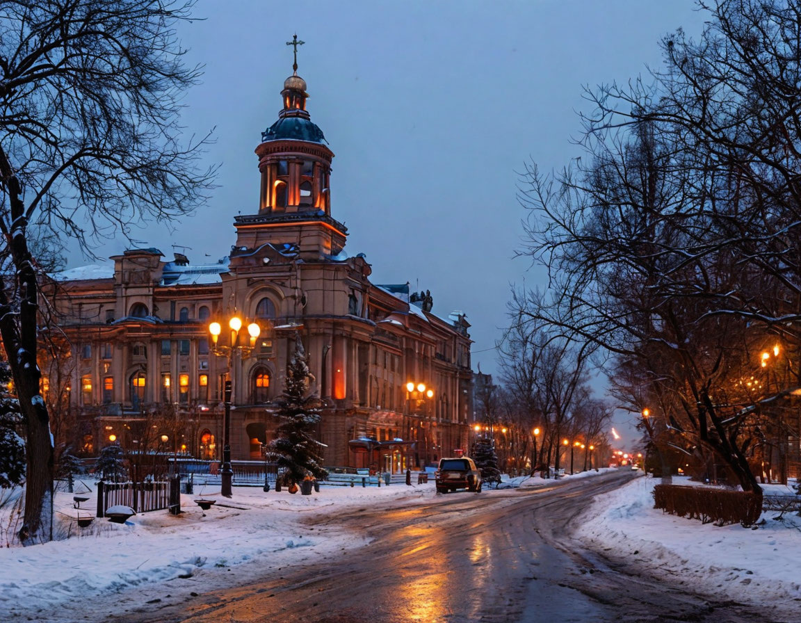 «Усредненное» здание, напоминающее Дома со шпилем на площади ВОВ | Изображение: Шедеврум 