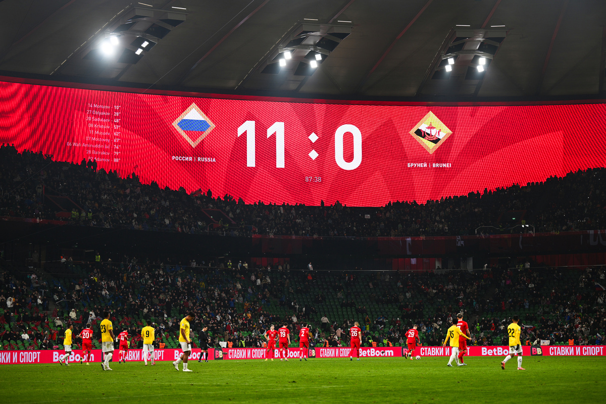    Табло со счётом 11:0 после окончания товарищеского матча по футболу между сборными России и Брунея / РИА Новости / Алексей Филиппов