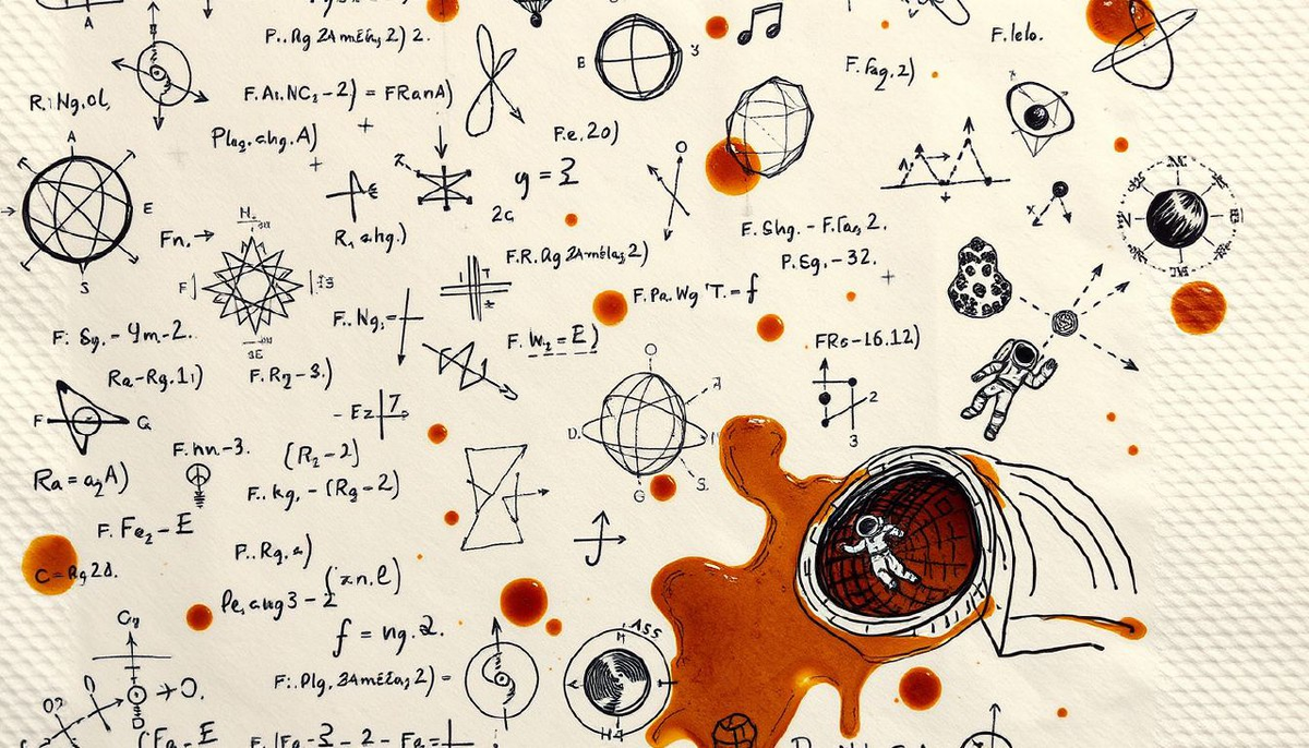 формулы квантовой физики на салфетке и разлитый кофе.