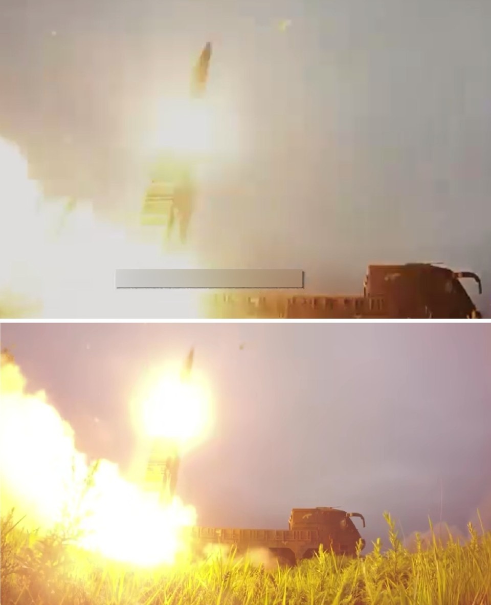 Верхний снимок - кадр из новогоднего обращения Зеленского. Нижний снимок - запуск южнокорейской ОТРК Hyunmoo-2A, 2017 год. Фото: кадр с видео