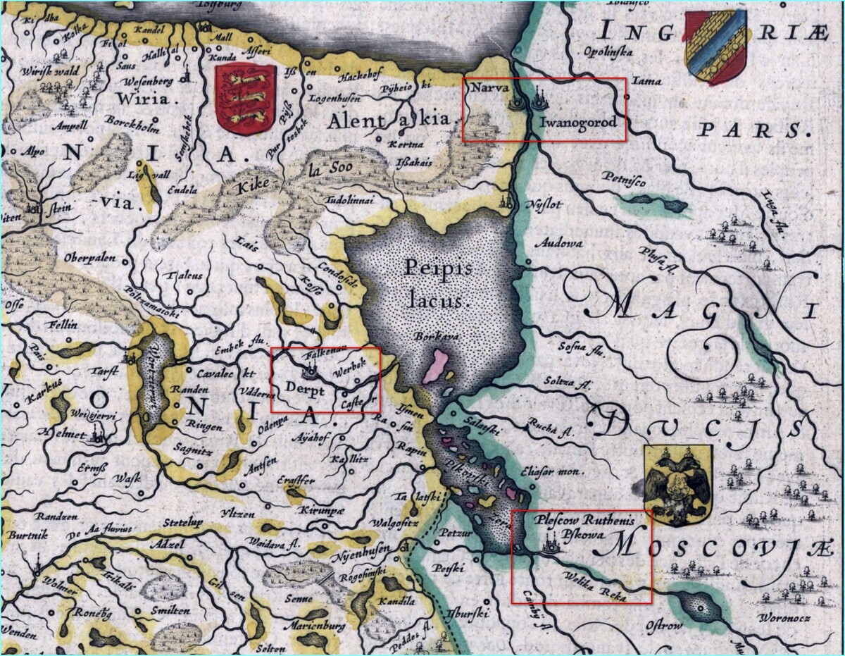 Фрагмент предыдущего изображения. Обработка автора статьи. Derpt (Dorpat) — ныне Тарту.