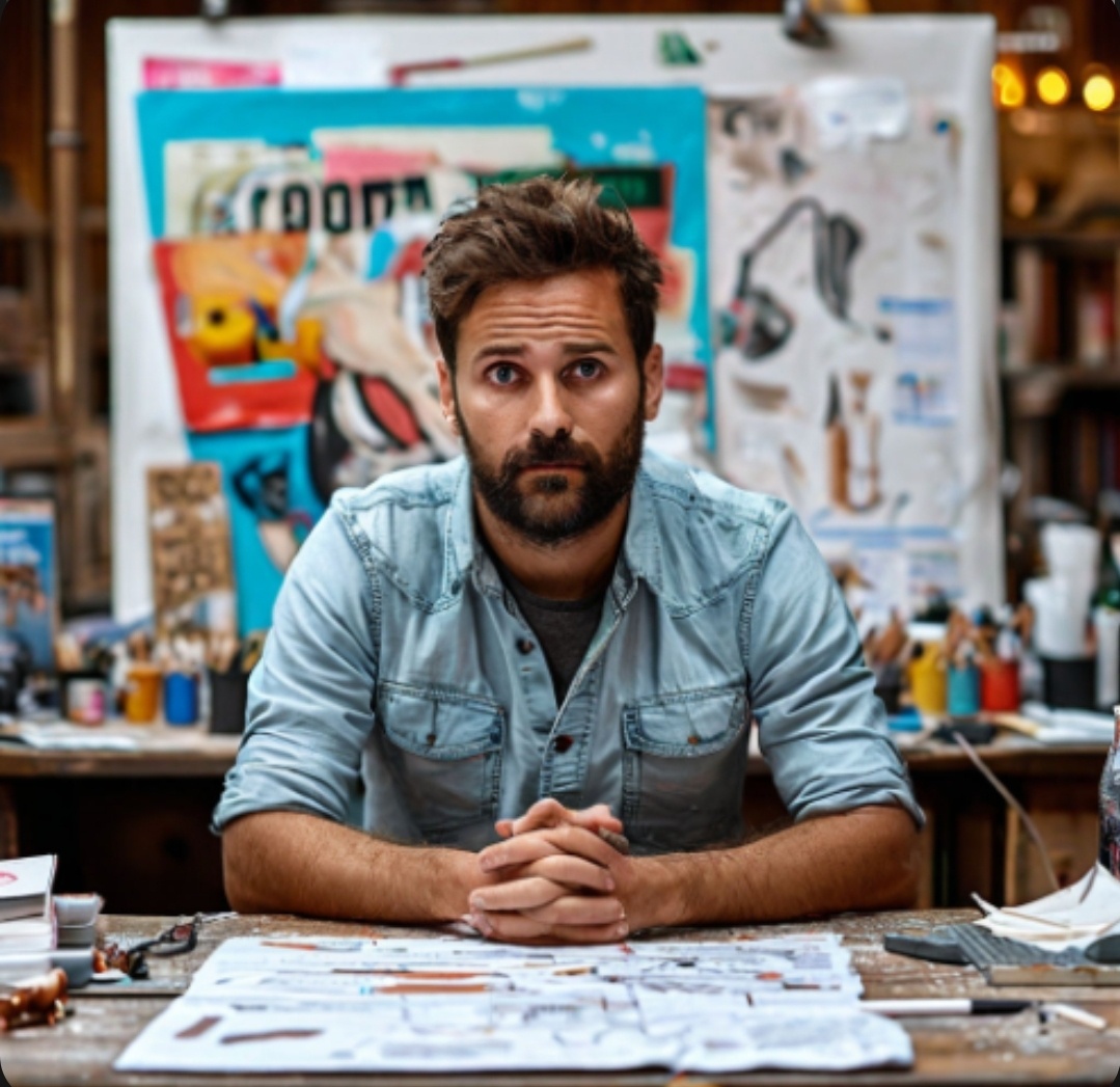  Разочарованный дизайнер, смотрящий на свой незавершенный проект, на фоне плаката с рекламой его же, но уже невероятно успешного, конкурента