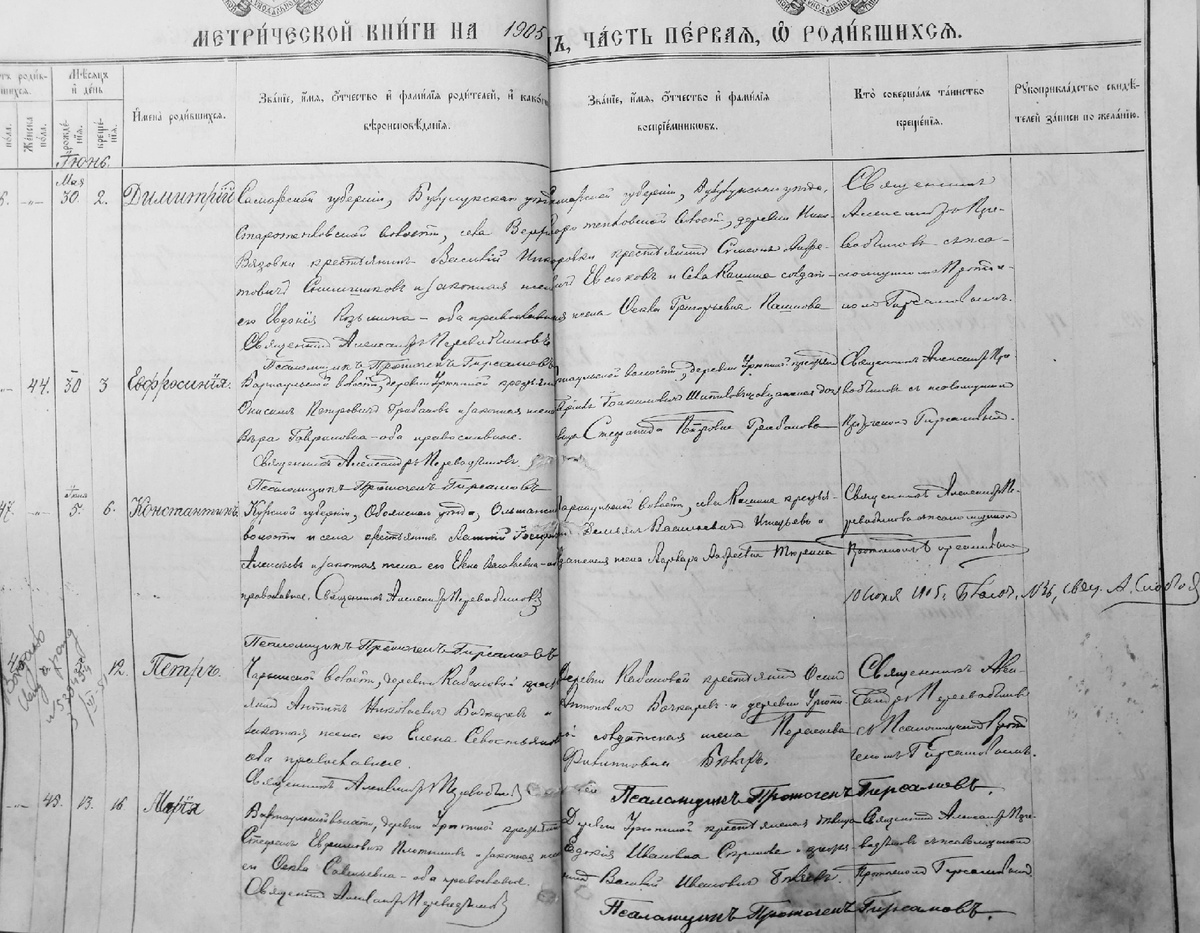 Часть «О родившихся» метрической книги Николаевской церкви села Кашинского за 1905 г.