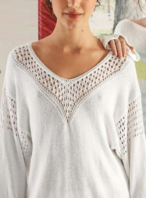 Белый джемпер спицами с ажурной кокеткой, источник https://t.me/knittinqg