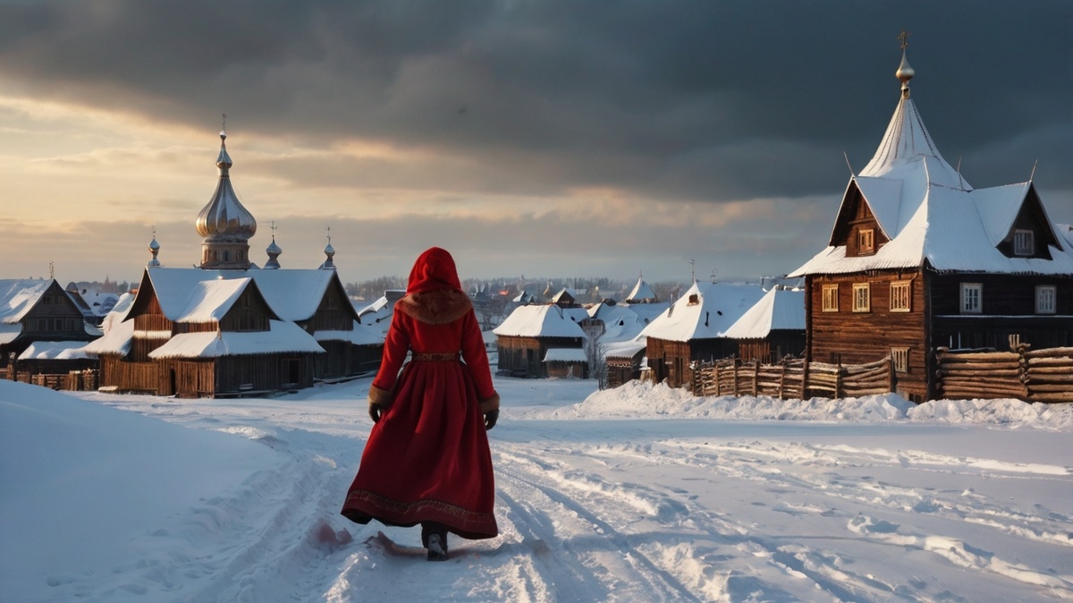 Древняя русская деревня зимой: белый снег, черные деревянные дома и красная одежда девушек