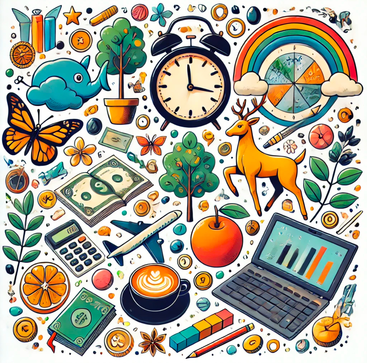 На изображении показаны ключевые элементы финансовой грамотности: кошелёк с деньгами, копилка в виде свиньи, график роста и калькулятор. Эти символы подчёркивают идеи управления деньгами, экономии и достижения финансовых целей.