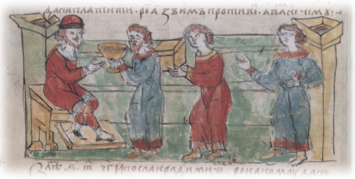 Передача Рюриком перед смертью княжения своему родственнику Олегу и назначение его опекуном своего малолетнего сына Игоря. Миниатюра из Радзивилловской летописи конца XV века