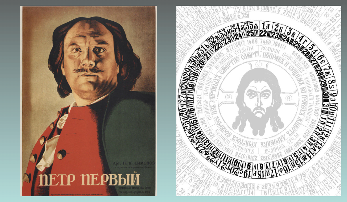 Постер фильма "Пётр Первый" (1937), Византийский календарь летоисчисления с Сотворения Мира.