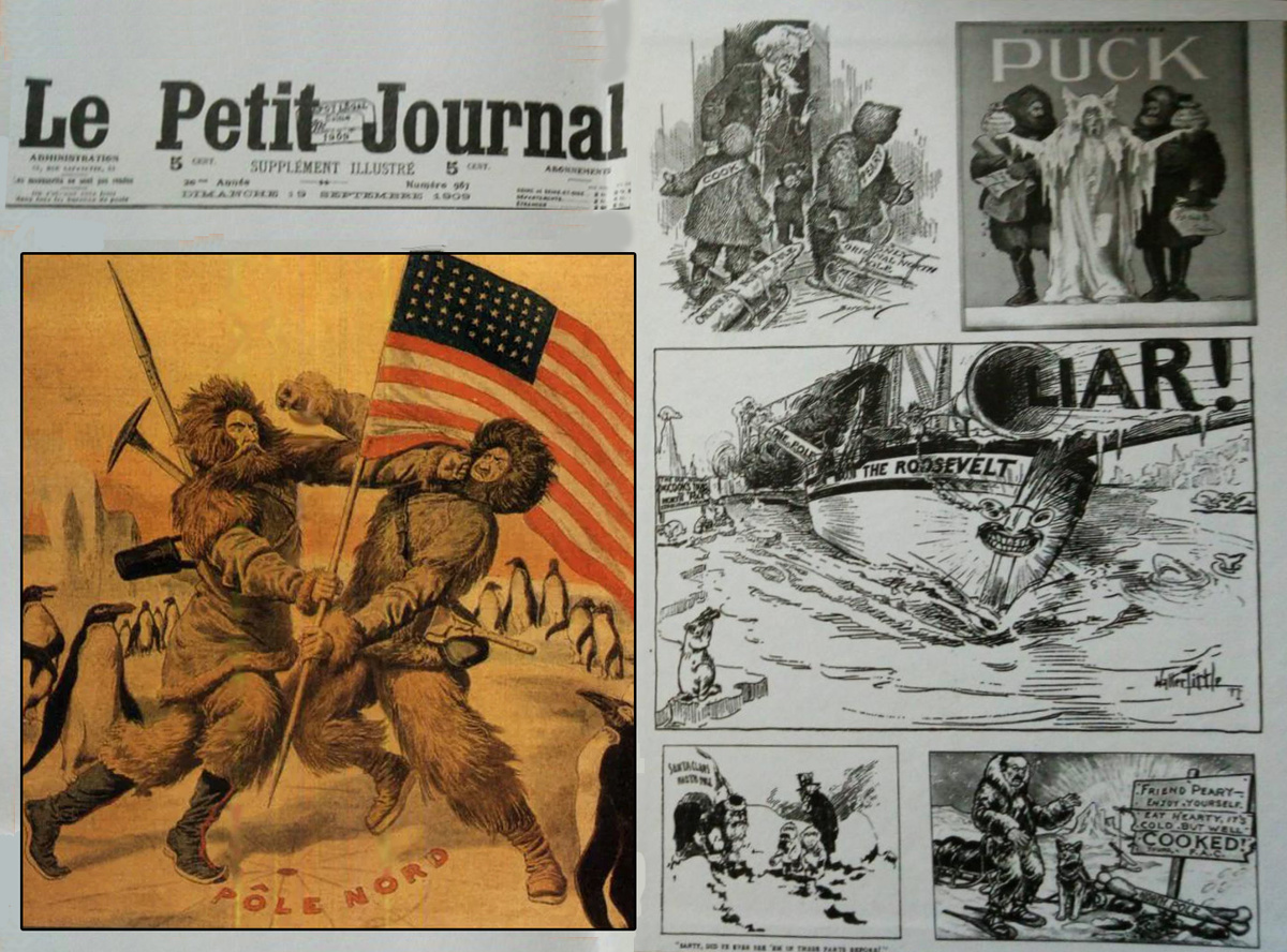 Вот как представили спор Кука и Пири комиксы в сатирическом журнале, в США. Заметим, позади полярников — пингвины... Они часом Южный полюс с Северным не перепутали? 