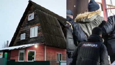 Дом, в котором было совершено убийство и взятый под арест подозреваемый