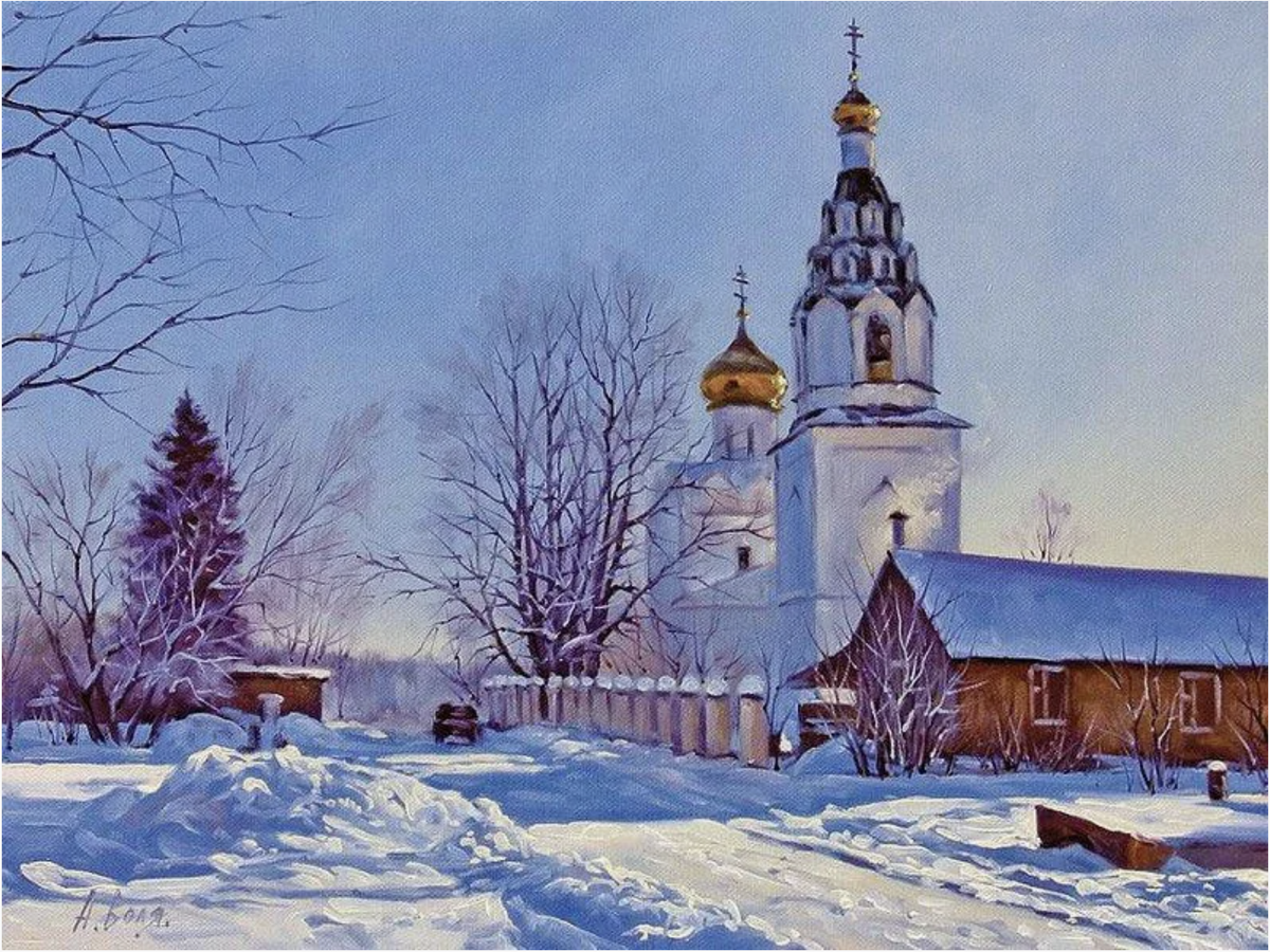 Церковь в заснеженной деревне