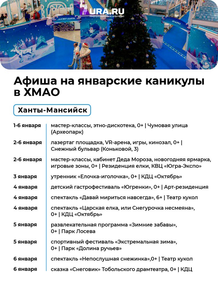 Новогодние каникулы в Ханты-Мансийске обещают быть насыщенными
Фото: карточка URA.RU, фото «Ханты-Мансийк — Новогодняя столица Сибири»/ ВК