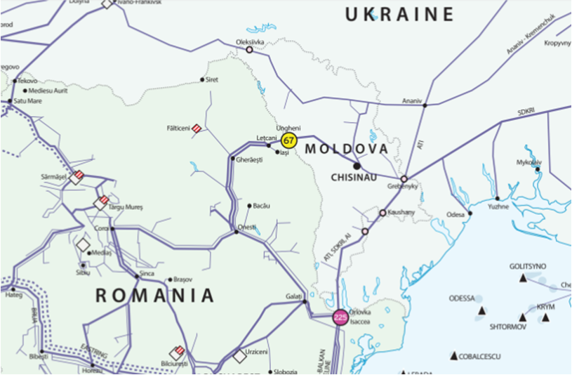 Схема  газопроводов в Молдавии, Приднестровье и сопредельных странах.  Источник: The European Network of Transmission System Operators for Gas  (ENTSOG).