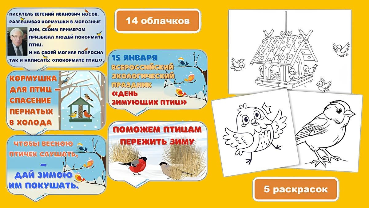 15 января День зимующих птиц России. Речевые облака и раскраски.