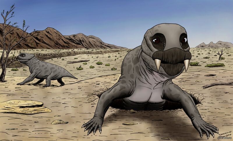 Арт с дииктодонами, дииктодон на переднем плане выглядит неважно.