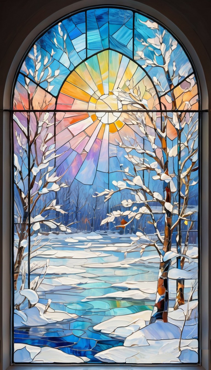 Витраж зимы. Иллюстрация создана с помощью нейросети StableDiffusion и программы Photoshop.
