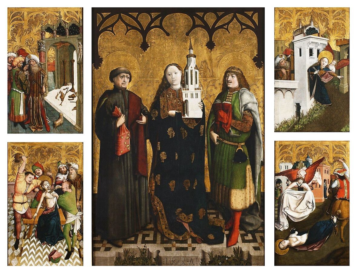 Святая Варвара со своим атрибутом — трёхстворчатой башней, центральная панель алтаря Святой Варвары 1447г., Национальный музей в Варшаве