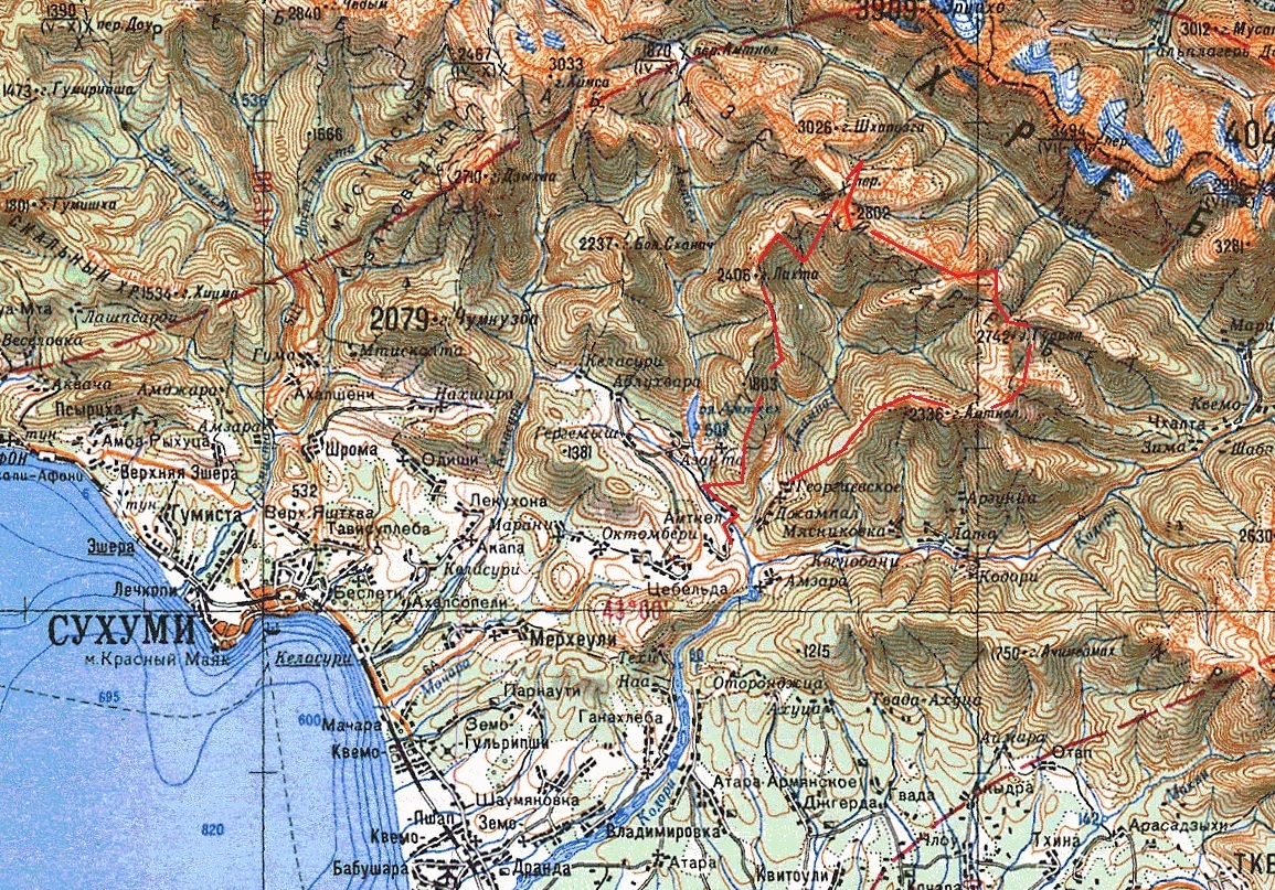 5 км карта района похода. Маршрут помечен красной линией. 