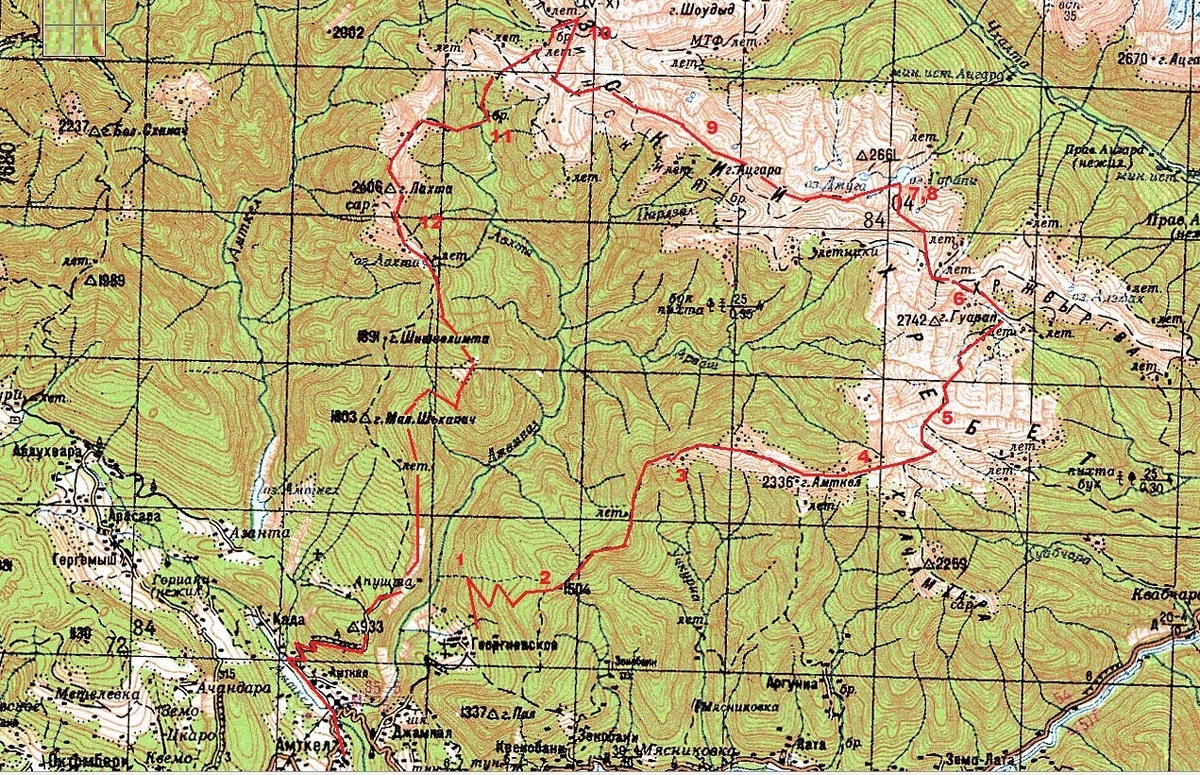 2 км карта маршрута. Ночевки отмечены цифрами.