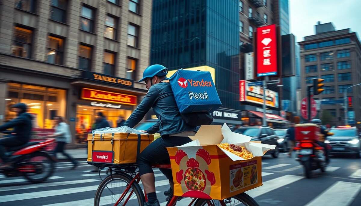Курьер Яндекс еды с полными коробками спешит к заказчику