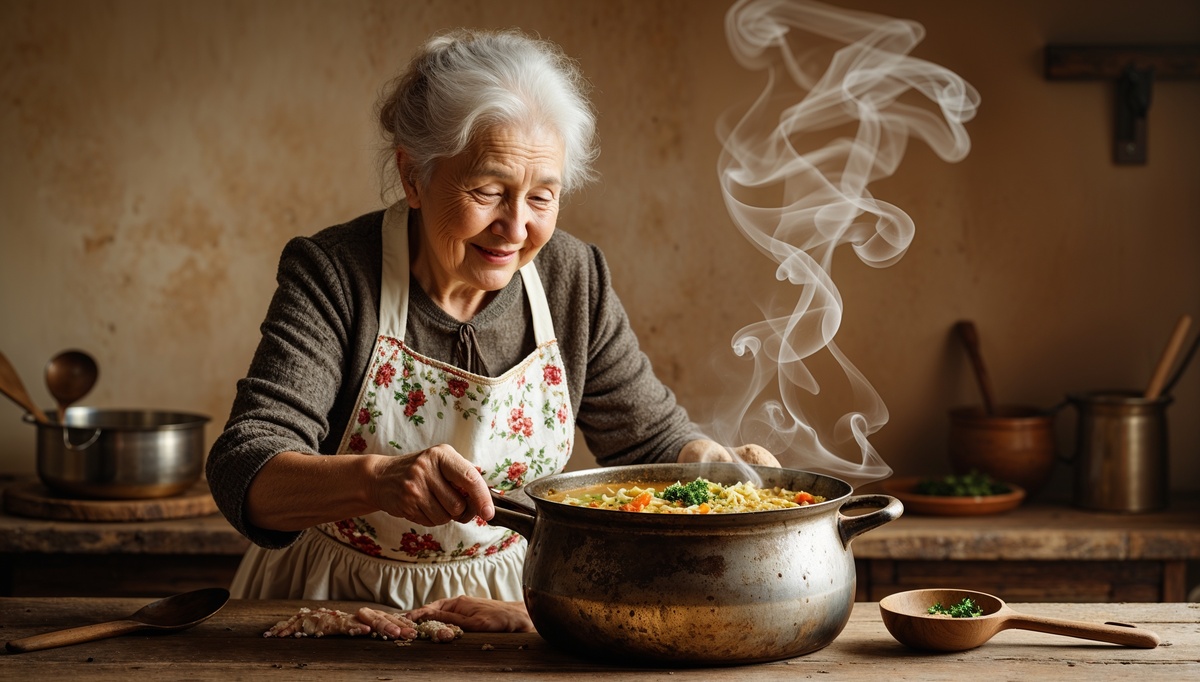 Бабуля варит куриный суп