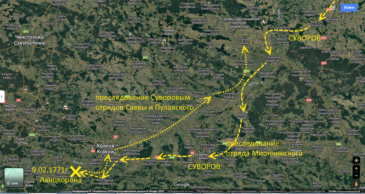 стрелками обозначен марштут рейда отряда Суворова в феврале 1771 года в Польше
