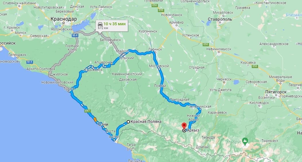 © google.com/maps (Сегодня, чтобы добраться из Красной Поляны в Архыз, необходимо проехать свыше 500 км)