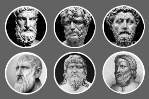 Слева на право: Эпикур, Сенека, М Аврелий, З Китийский, Гей Музоний Руф, Гераклит.