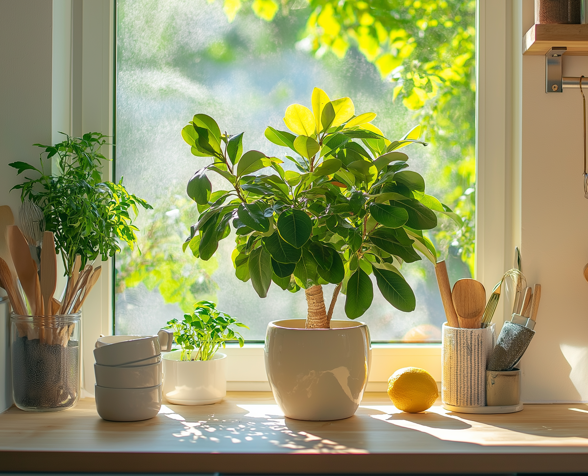 Солнцелюбивое растение на подоконнике кухни
