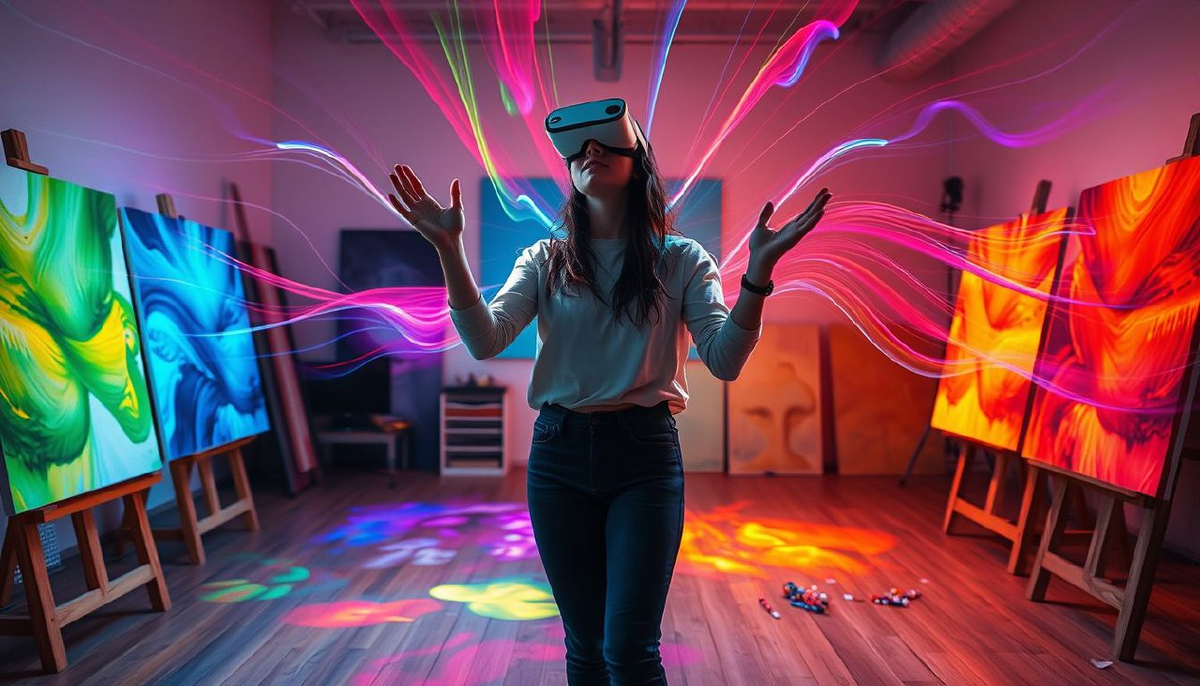 Молодая художница в VR-очках стоит посреди яркой студии, её руки танцуют в воздухе, 