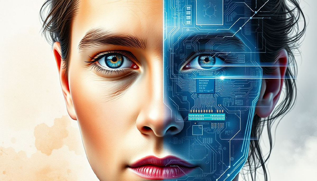 Портрет человека, где половина лица — биологическая, половина — технологическая, представляет собой визуальную революцию восприятия человеческой природы