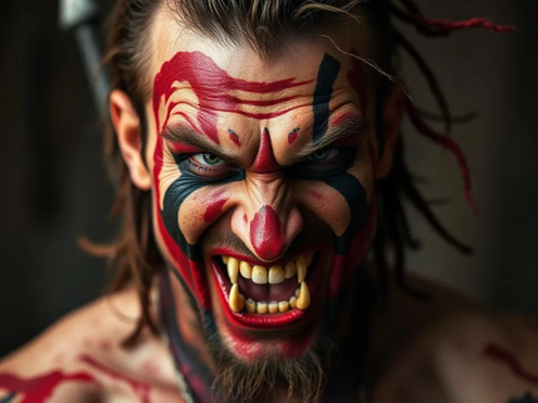 Реконструкция аданца.  Из мнешности стоит отметить острые клыки и боевую раскраску свой-чужой, которая пройдет через всю историю на Аде.