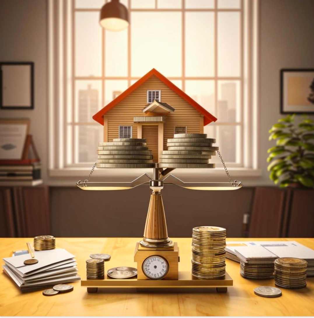 Иллюстрация показывает сбалансированный подход к кредитам: на весах дом, автомобиль и образование символизируют полезные цели, а стопка денег напоминает о долгах. Баланс подчёркивает важность разумного использования кредитов, а нейтральный фон и профессиональные цвета создают ощущение финансовой стабильности и осознанности.