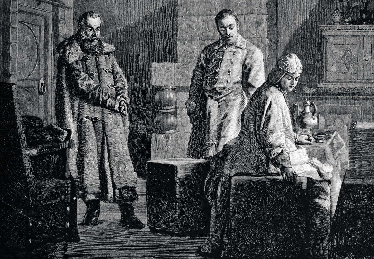 На гравюре изображена Елена, Михаил Глинский и Телепнев-Оболенский.